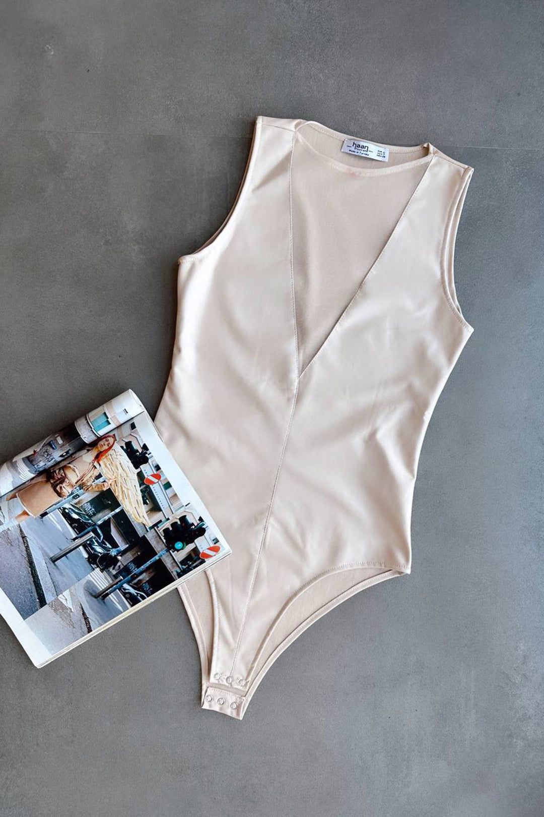 Beige Tulle Detailed Snap Fastener Faux Leather Bodysuit Blouse BCHN-2530000 - Longview