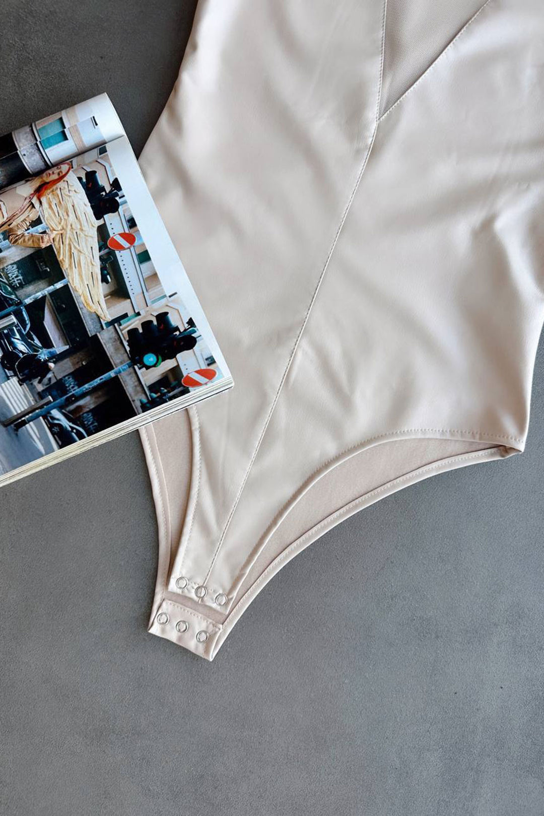 Beige Tulle Detailed Snap Fastener Faux Leather Bodysuit Blouse BCHN-2530000 - Longview