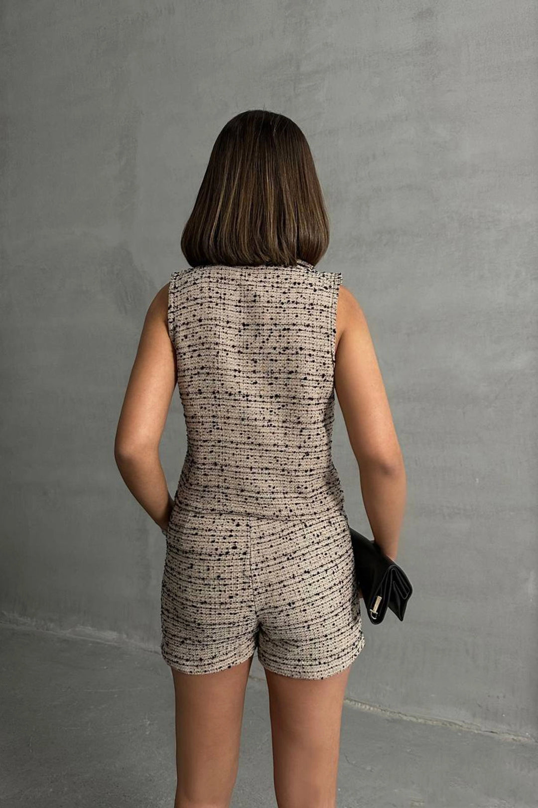 Beige Tweed Fabric Vest and Pocket Shorts Set BCHN-2525463 - Port Arthur