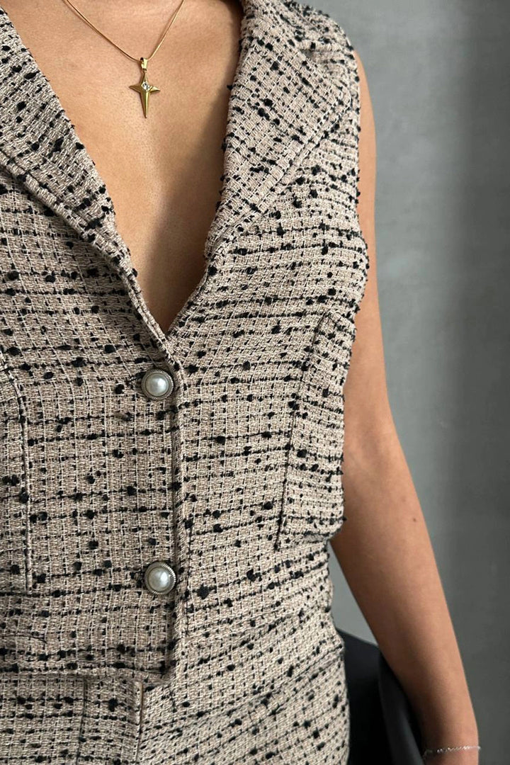 Beige Tweed Fabric Vest and Pocket Shorts Set BCHN-2525463 - Port Arthur