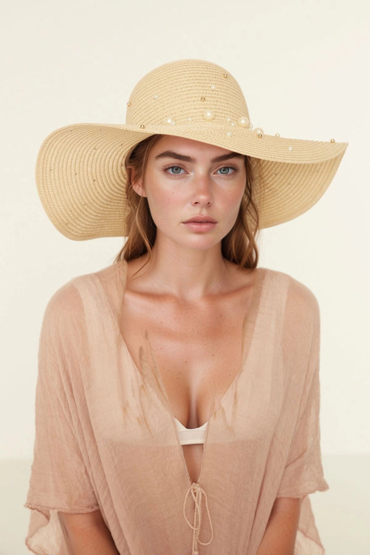 Beige Wide-Brimmed Straw Hat with Pearls BCNSV-25142320 - Riverton