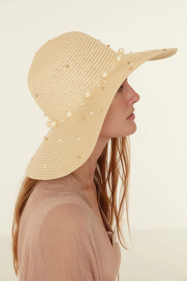 Beige Wide-Brimmed Straw Hat with Pearls BCNSV-25142320 - Riverton