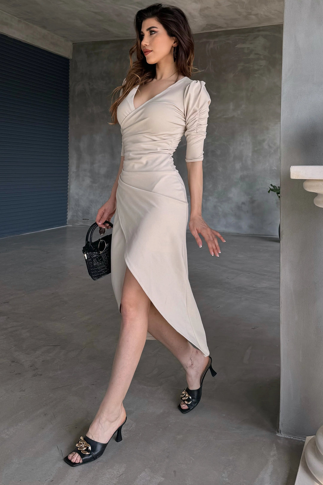 Beige V-Neck Envelope Skirt Midi Length Scuba Fabric Evening Dress BCDF-241047 - Zugdidi