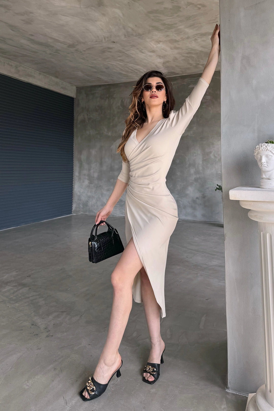 Beige V-Neck Envelope Skirt Midi Length Scuba Fabric Evening Dress BCDF-241047 - Zugdidi