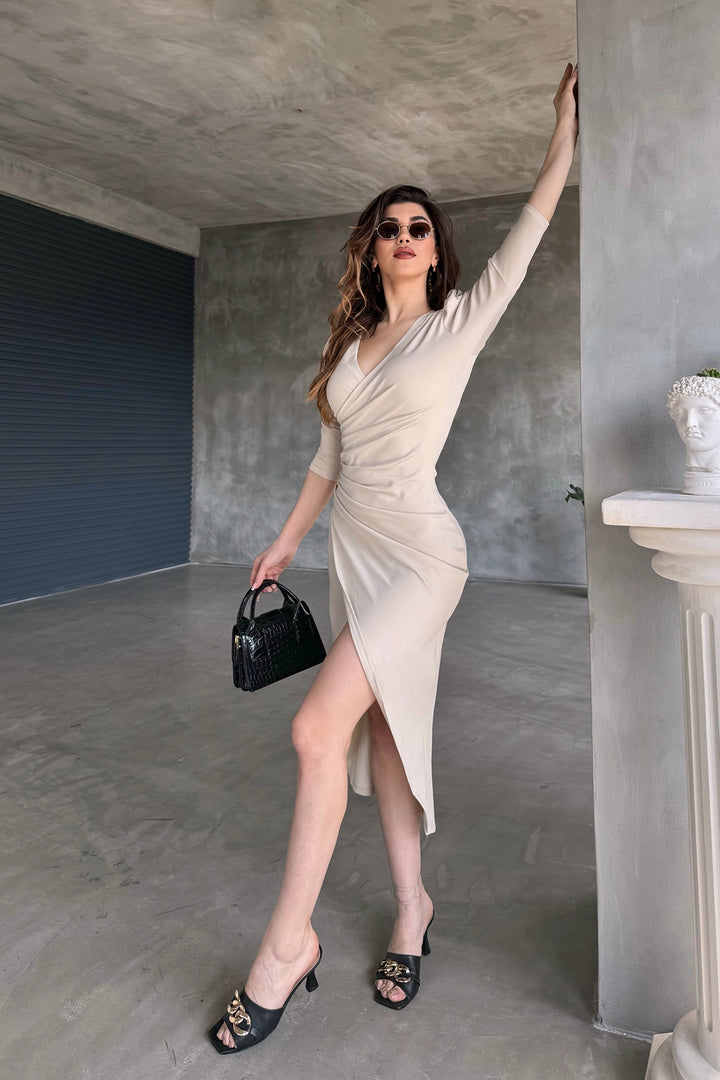 Beige V-Neck Envelope Skirt Midi Length Scuba Fabric Evening Dress BCDF-241047 - Zugdidi