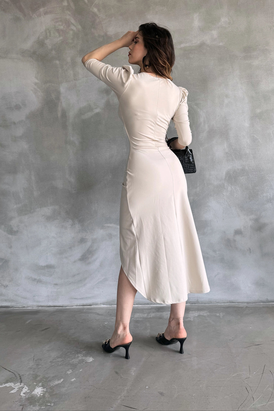 Beige V-Neck Envelope Skirt Midi Length Scuba Fabric Evening Dress BCDF-241047 - Zugdidi