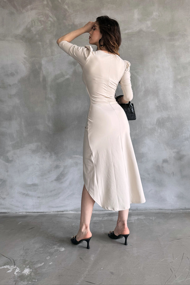 Beige V-Neck Envelope Skirt Midi Length Scuba Fabric Evening Dress BCDF-241047 - Zugdidi