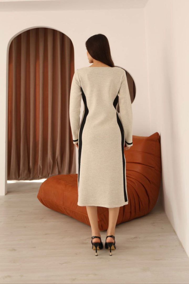 Beige V-Neck Striped Knit Dress BCES-253007 - Hückelhoven