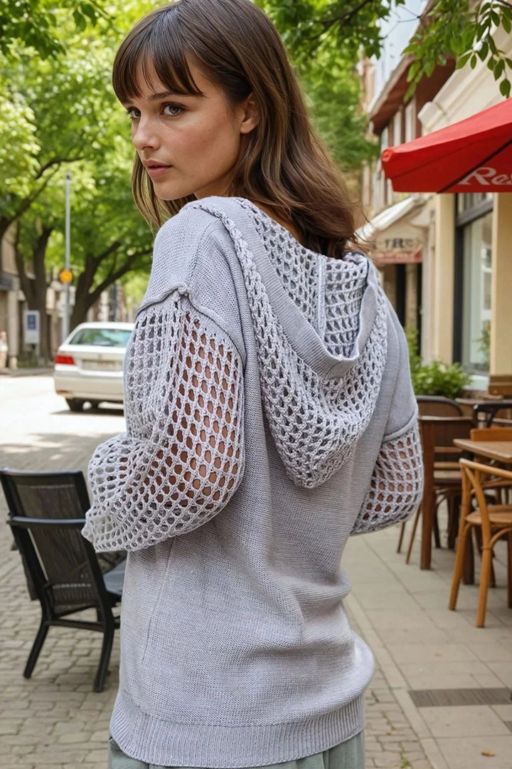 Beige V-Neck Hooded Long Sleeve Openwork Single Pocket Baggy Sweater BCBSK-25700-CCK95006 - Kearny
