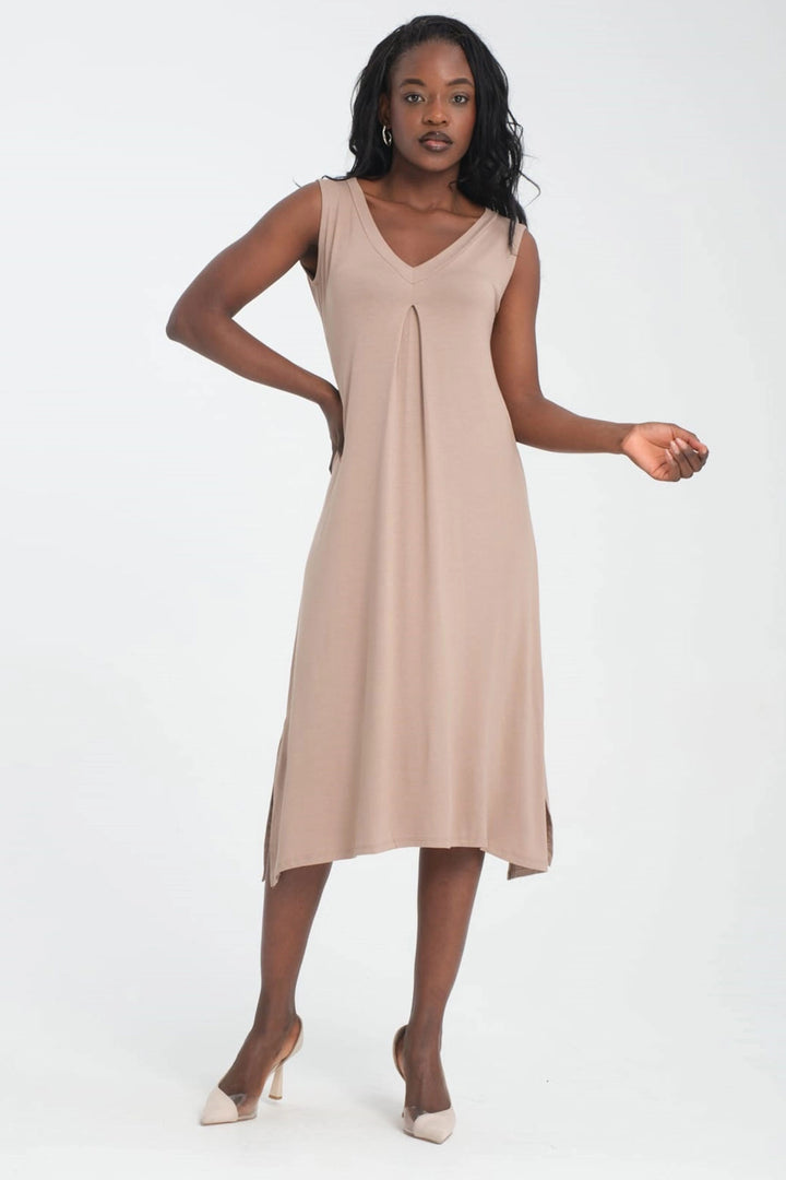 Beige V-Neck Sleeveless Dress and Long Cardigan Soft Textured Viscon Top and Bottom Set BCVS-253000 - Savona