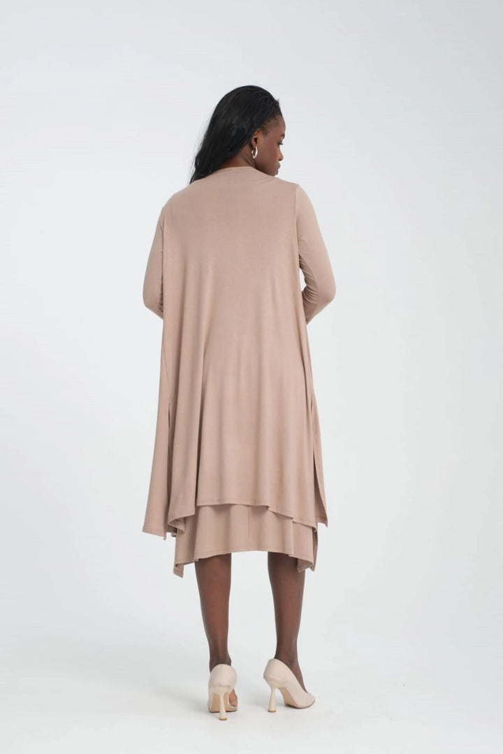 Beige V-Neck Sleeveless Dress and Long Cardigan Soft Textured Viscon Top and Bottom Set BCVS-253000 - Savona