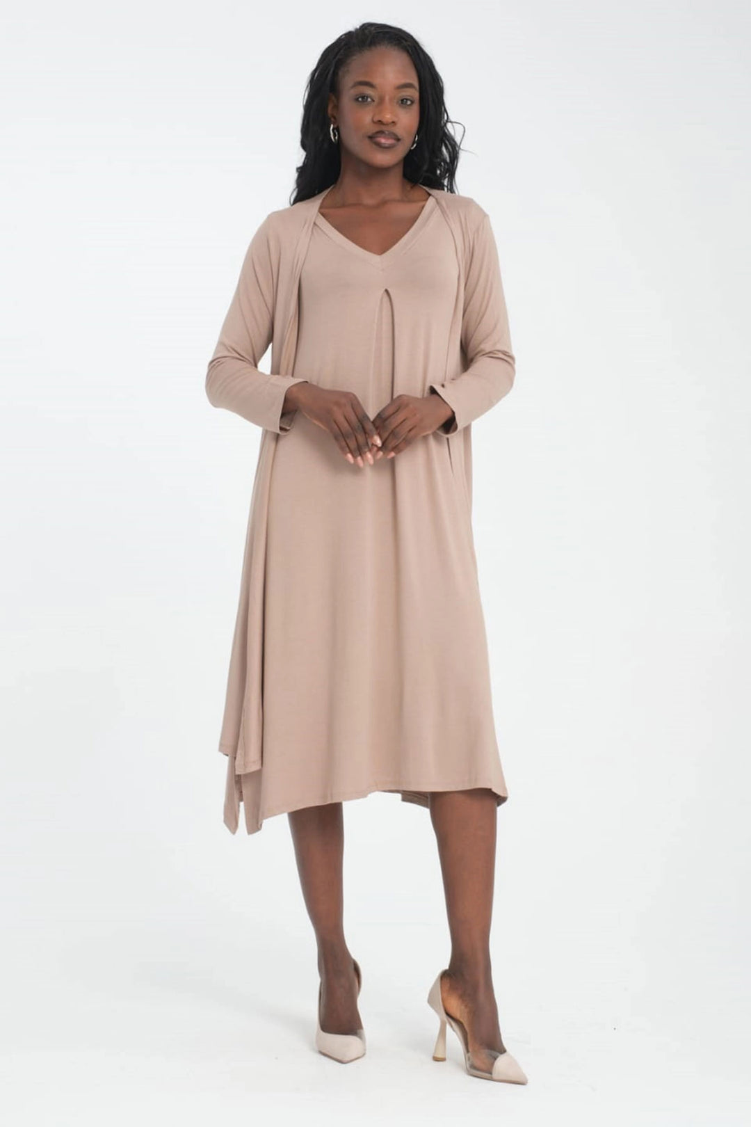 Beige V-Neck Sleeveless Dress and Long Cardigan Soft Textured Viscon Top and Bottom Set BCVS-253000 - Savona