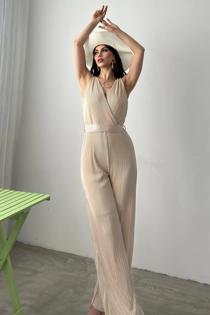 Beige V-Neck Belted Crinkle Jumpsuit BCDF-241074 - Palo Alto