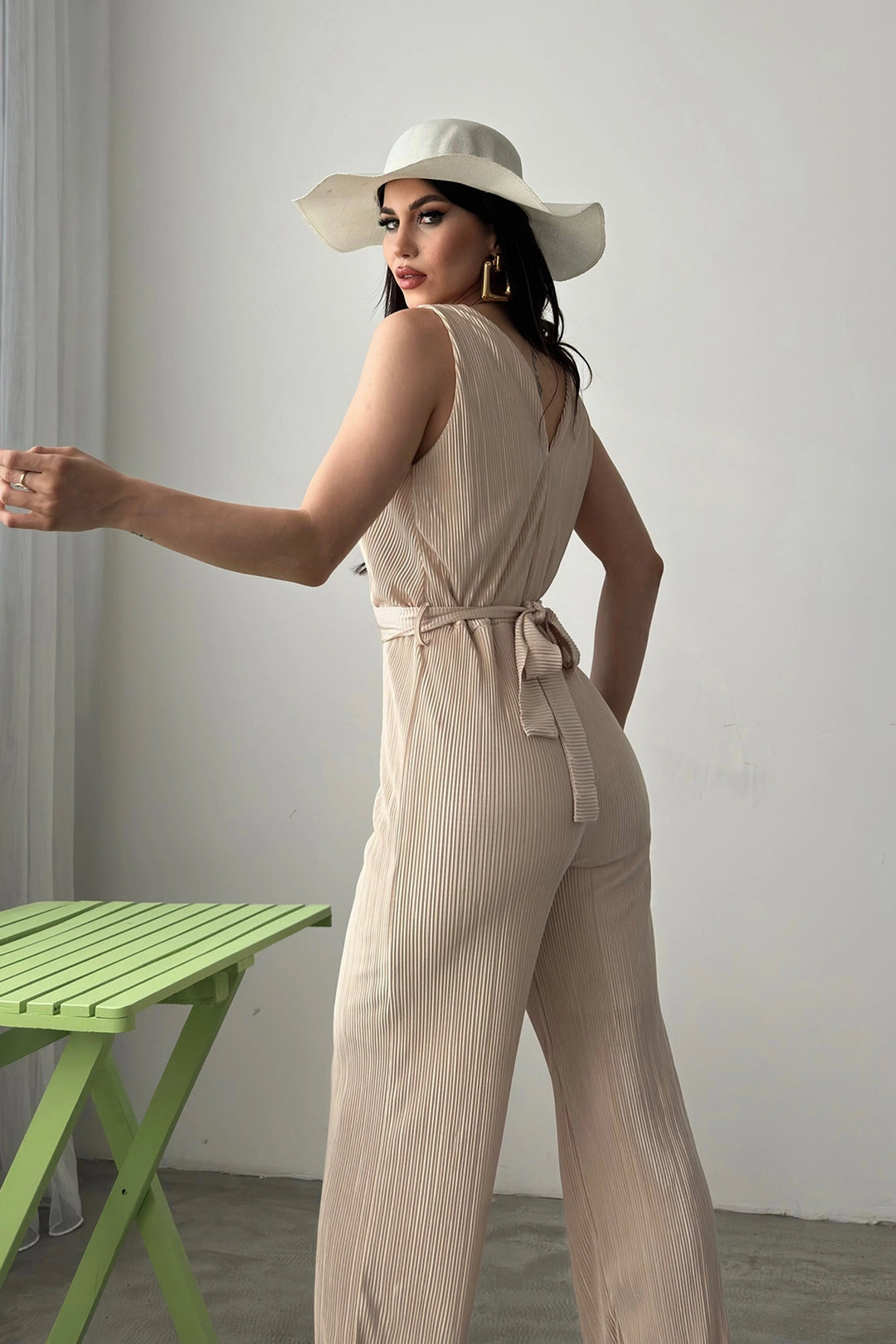 Beige V-Neck Belted Crinkle Jumpsuit BCDF-241074 - Palo Alto