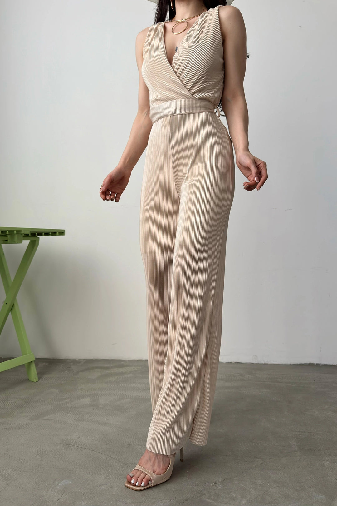 Beige V-Neck Belted Crinkle Jumpsuit BCDF-241074 - Palo Alto