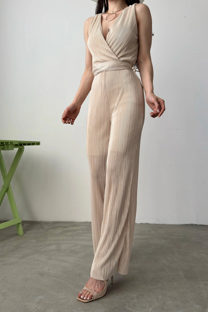 Beige V-Neck Belted Crinkle Jumpsuit BCDF-241074 - Palo Alto