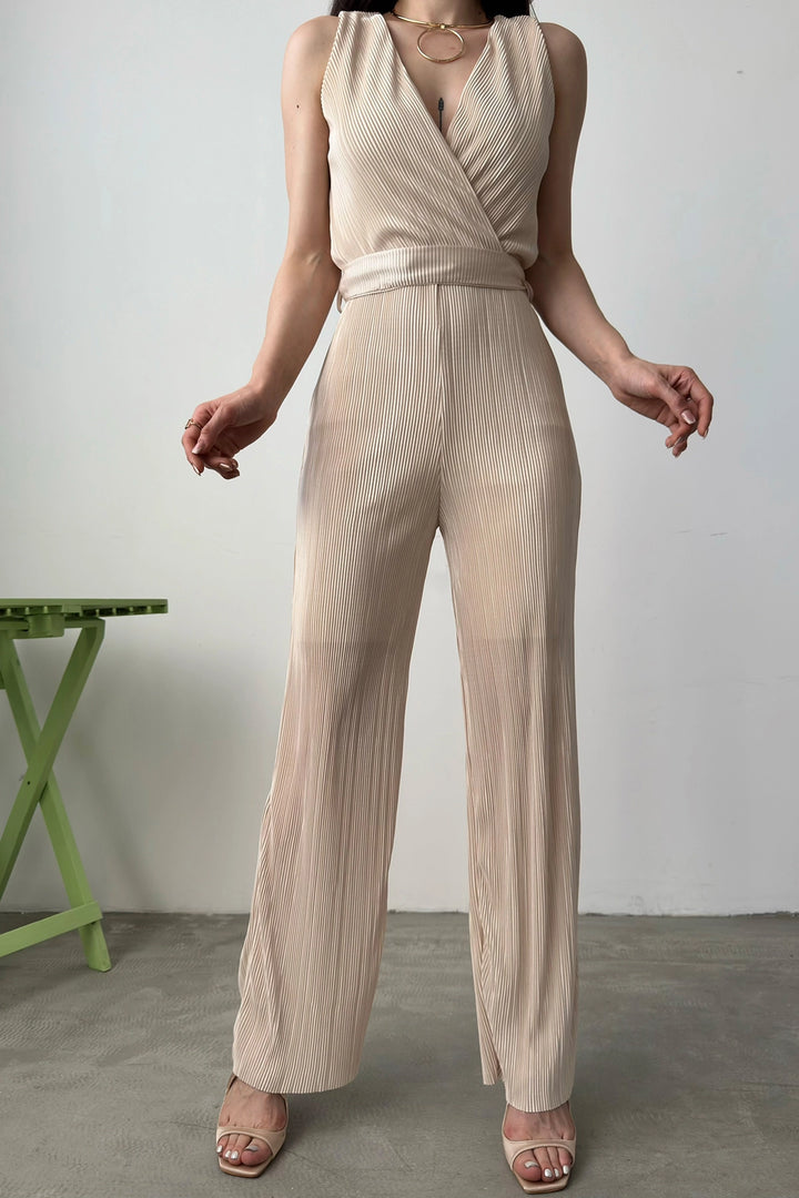Beige V-Neck Belted Crinkle Jumpsuit BCDF-241074 - Palo Alto