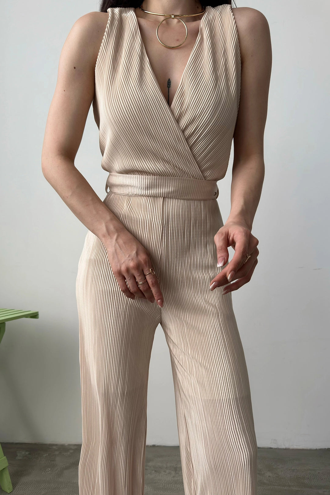 Beige V-Neck Belted Crinkle Jumpsuit BCDF-241074 - Palo Alto