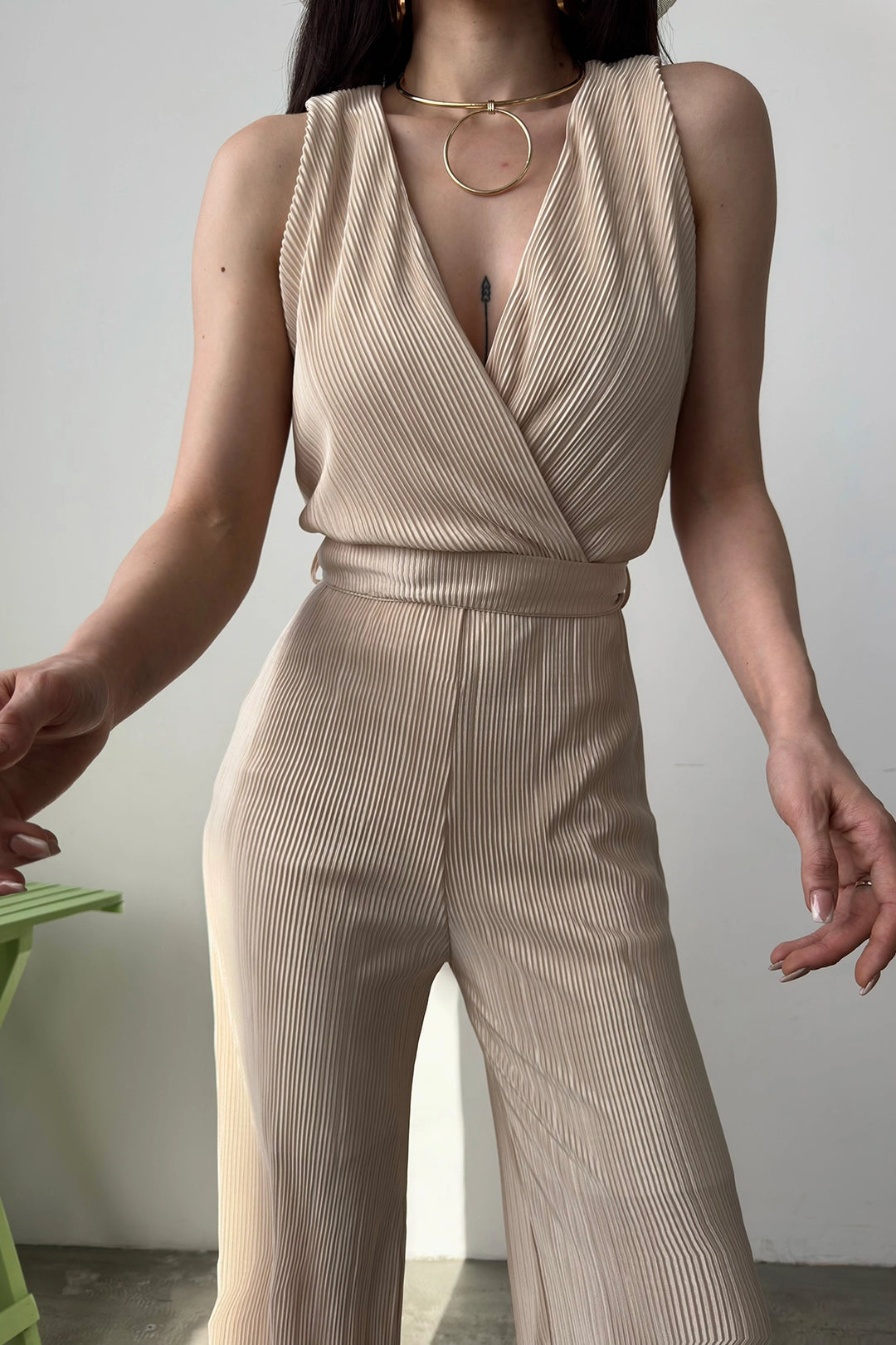 Beige V-Neck Belted Crinkle Jumpsuit BCDF-241074 - Palo Alto