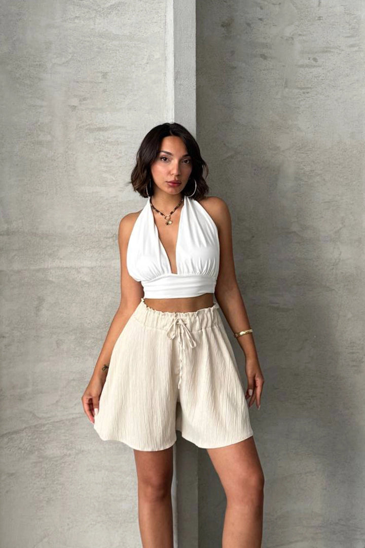Beige Linen Shorts with Elastic Waistband and Pleats BCHN-25255058 - Lemgo