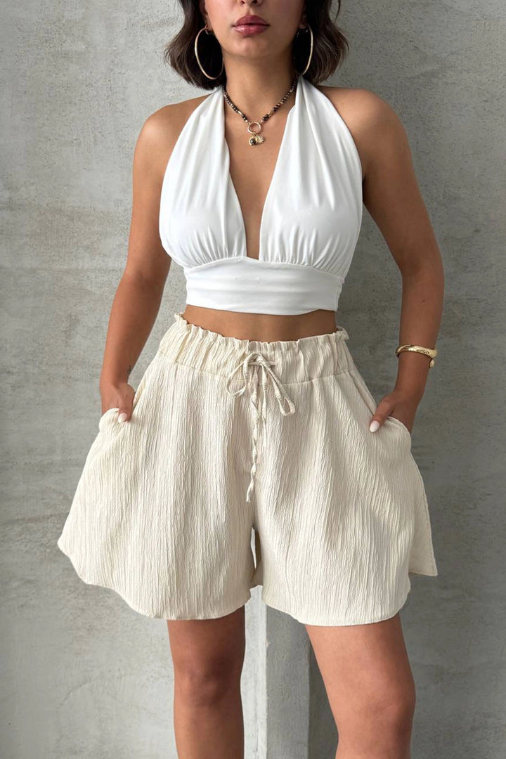 Beige Linen Shorts with Elastic Waistband and Pleats BCHN-25255058 - Lemgo