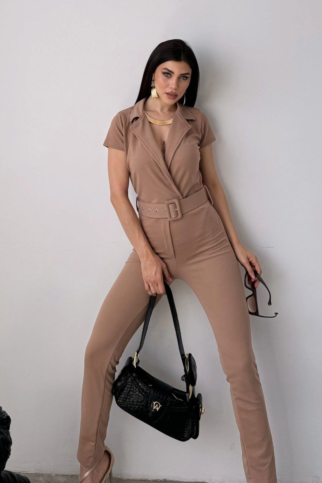 Beige Collared Waist Belted Jumpsuit BCDF-247023 - Vila Franca de Xira