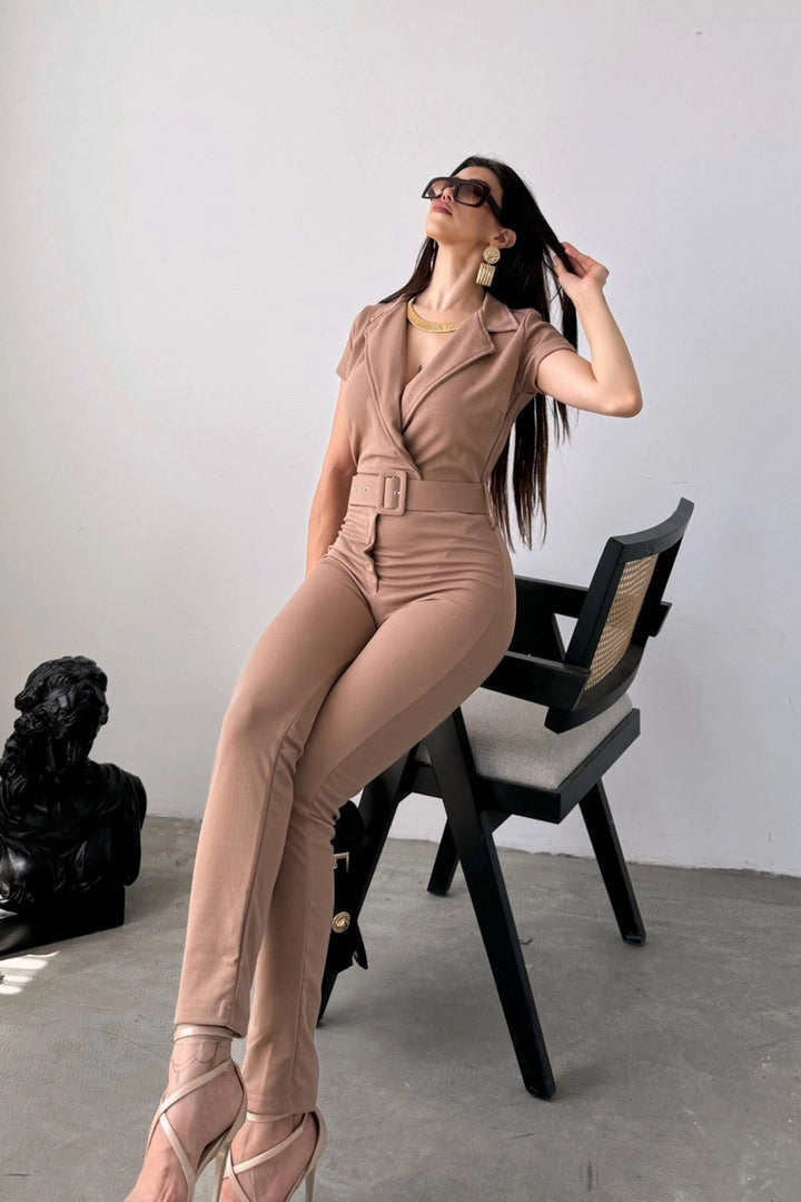 Beige Collared Waist Belted Jumpsuit BCDF-247023 - Vila Franca de Xira