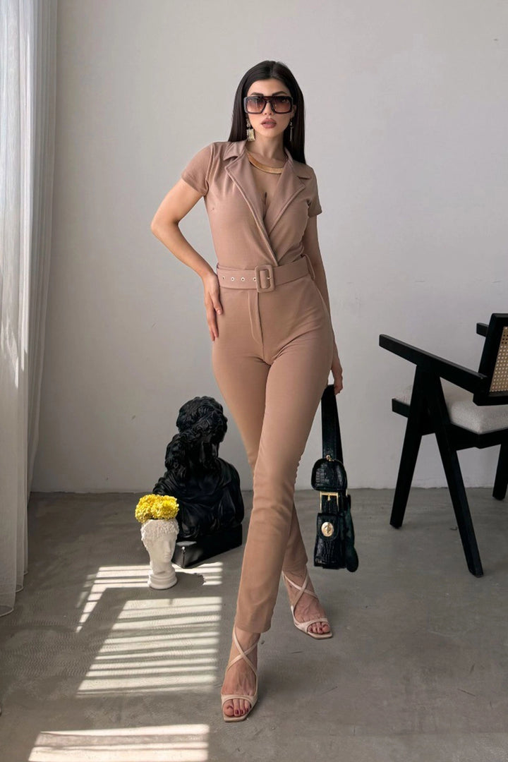 Beige Collared Waist Belted Jumpsuit BCDF-247023 - Vila Franca de Xira