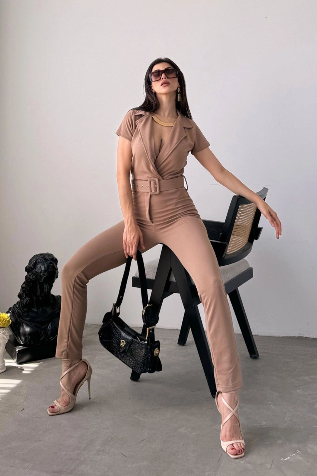 Beige Collared Waist Belted Jumpsuit BCDF-247023 - Vila Franca de Xira