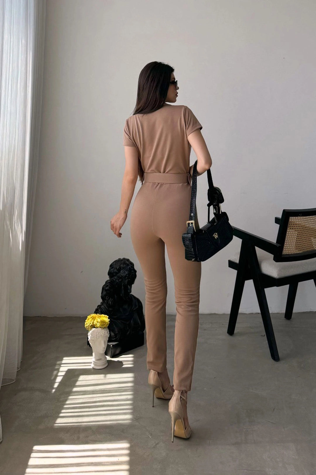 Beige Collared Waist Belted Jumpsuit BCDF-247023 - Vila Franca de Xira