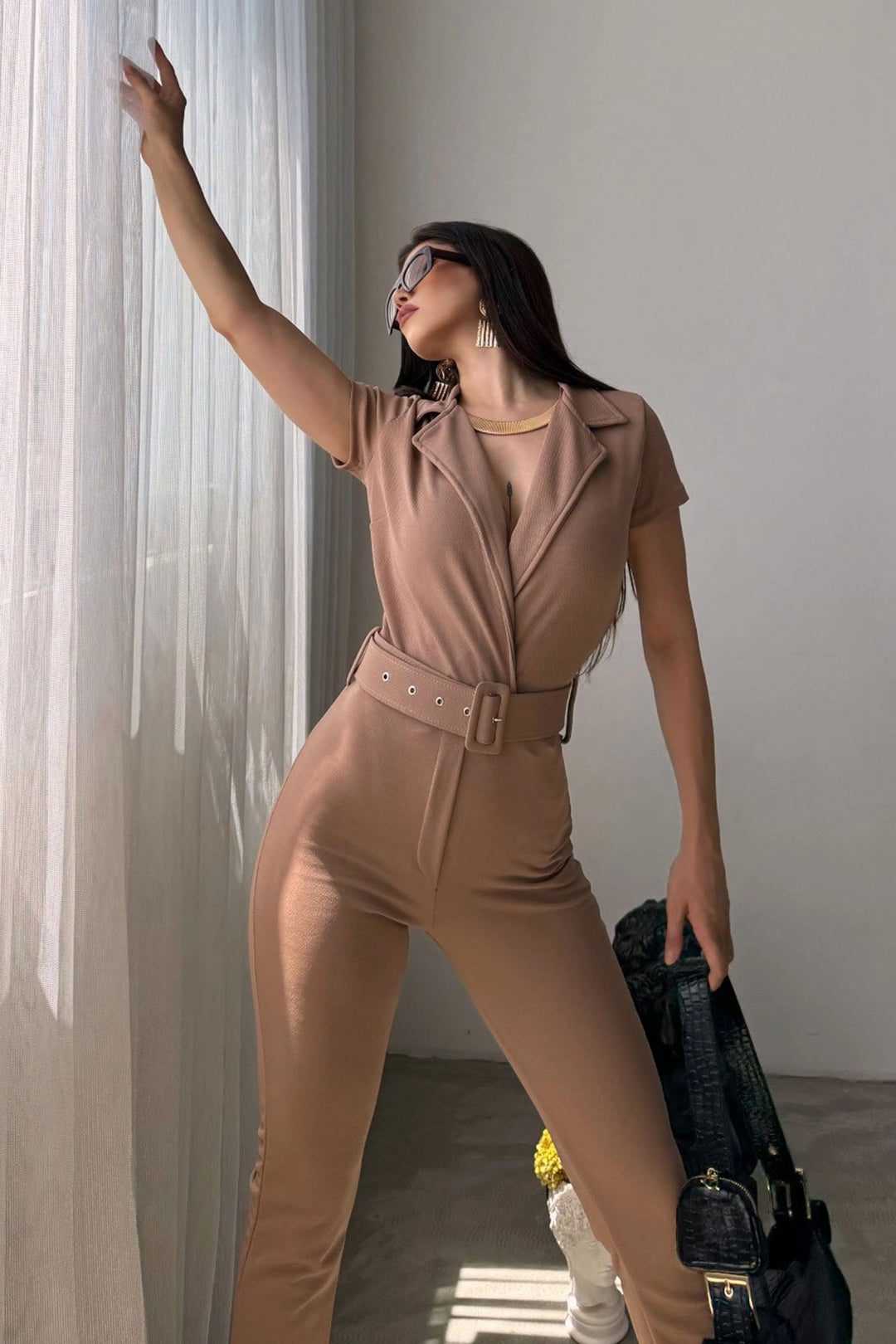 Beige Collared Waist Belted Jumpsuit BCDF-247023 - Vila Franca de Xira