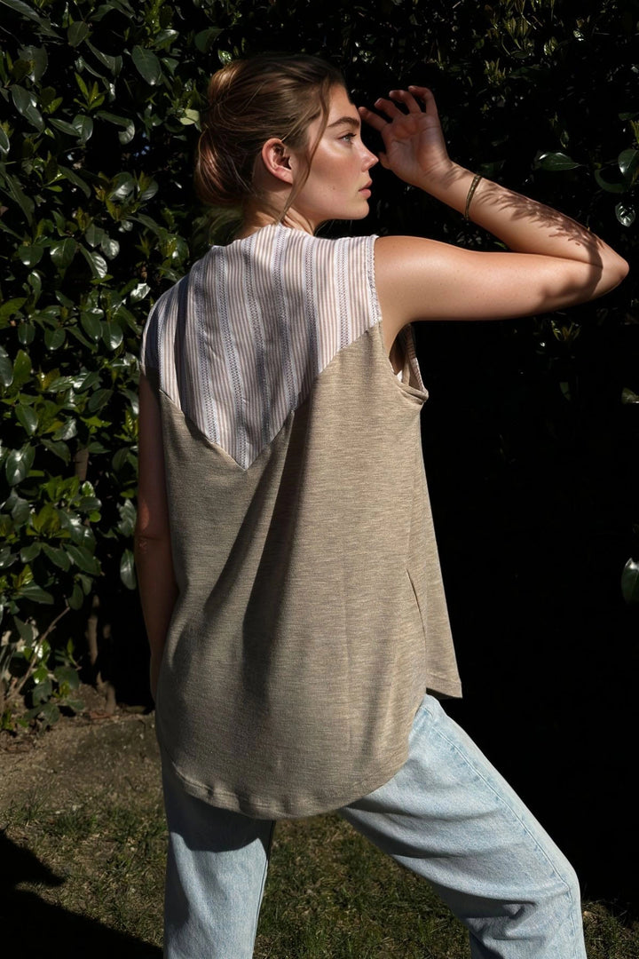 Beige Collar Double-Breasted Sleeveless Loose Blouse BCBSK-25700-3430 - Albufeira
