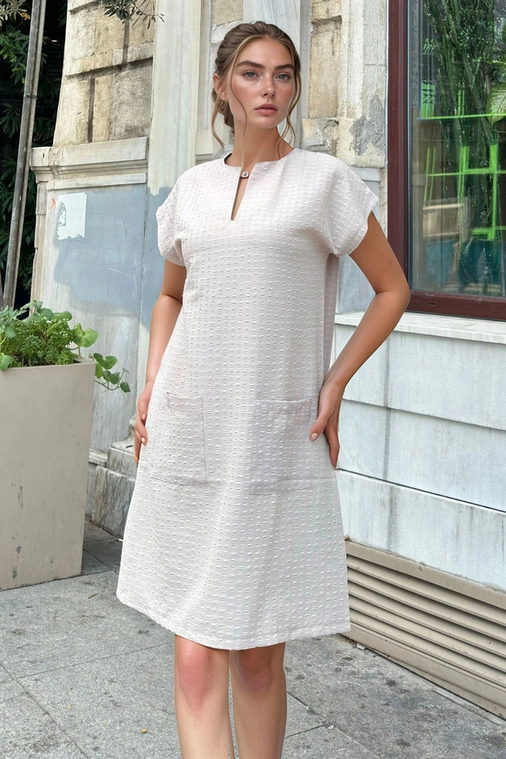 Beige Collar Slit Pocket Loose Fit Soft Textured Dress BCBSK-25700-3655 - Townsville