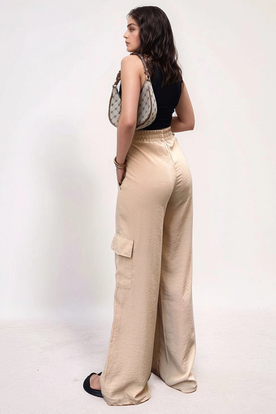 Beige Side Pocket Elastic Waist Wide Leg Baggy Pants BCBSK-25700-3600 - Barrow in Furness