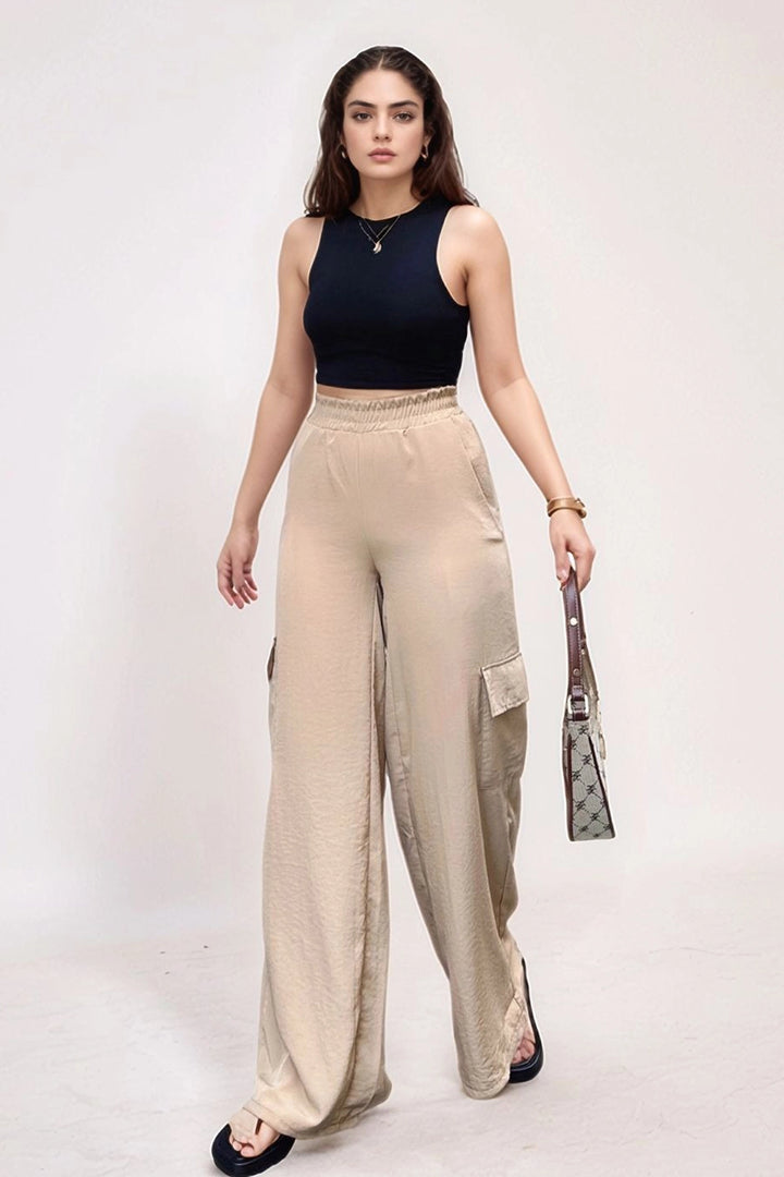 Beige Side Pocket Elastic Waist Wide Leg Baggy Pants BCBSK-25700-3600 - Barrow in Furness