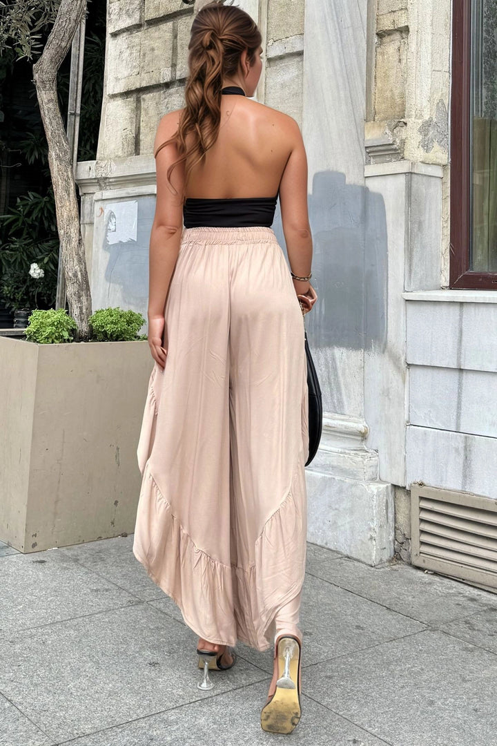 Beige Ruffled Slit Elastic Waist Loose Baggy Pants BCBSK-25700-3635 - Spruce Grove