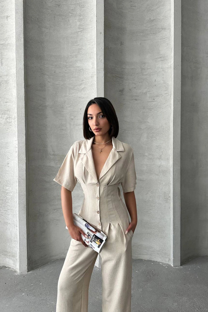 Beige Half Sleeve Waist Corset-Look Loose Fit Woven Jumpsuit BCHN-25255059 - Portici