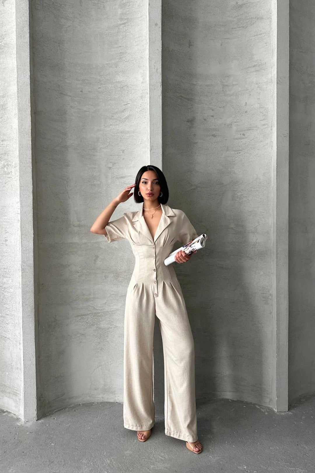 Beige Half Sleeve Waist Corset-Look Loose Fit Woven Jumpsuit BCHN-25255059 - Portici