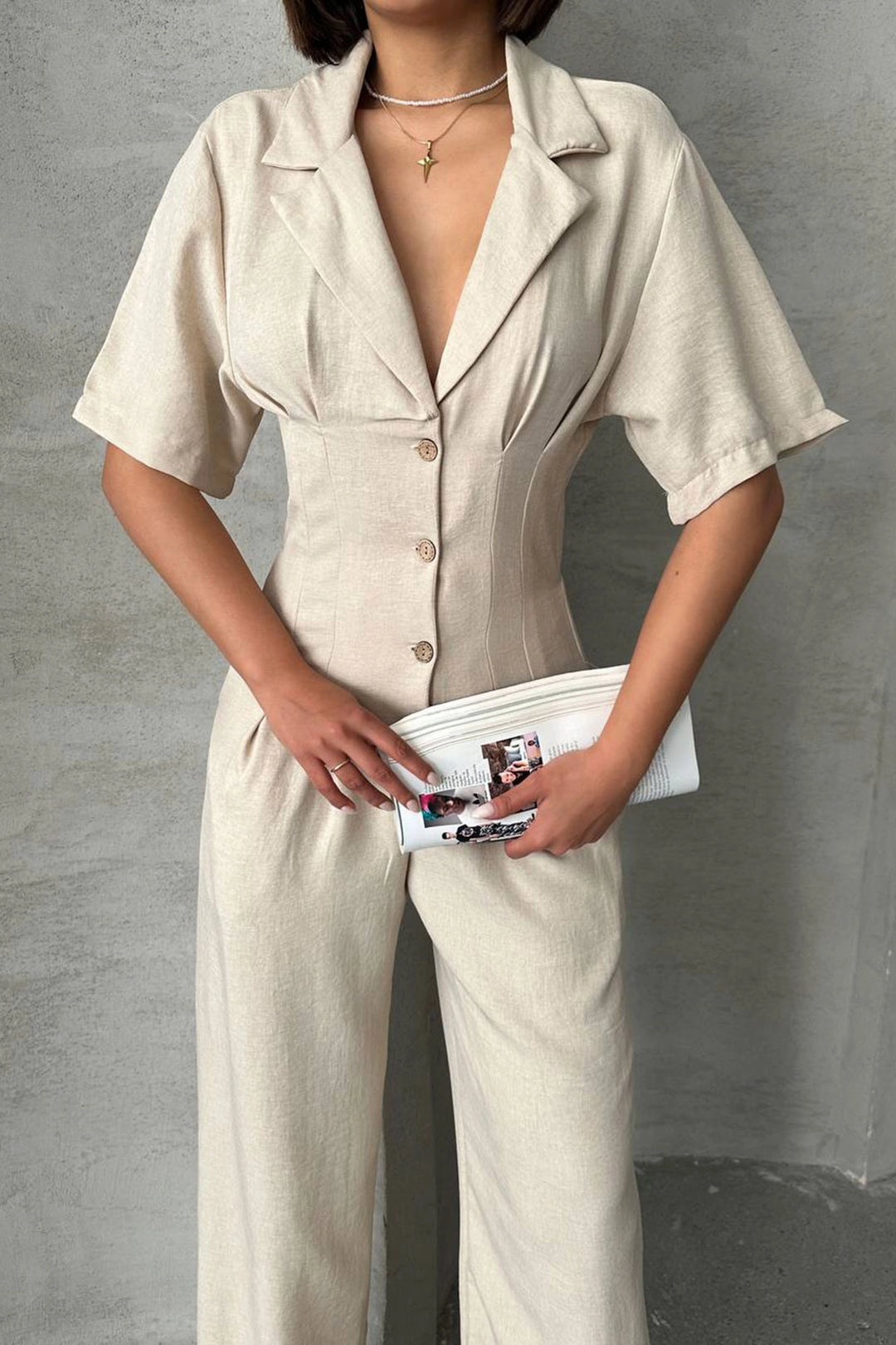 Beige Half Sleeve Waist Corset-Look Loose Fit Woven Jumpsuit BCHN-25255059 - Portici