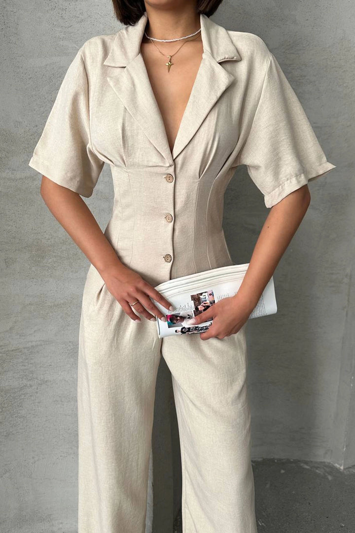 Beige Half Sleeve Waist Corset-Look Loose Fit Woven Jumpsuit BCHN-25255059 - Portici