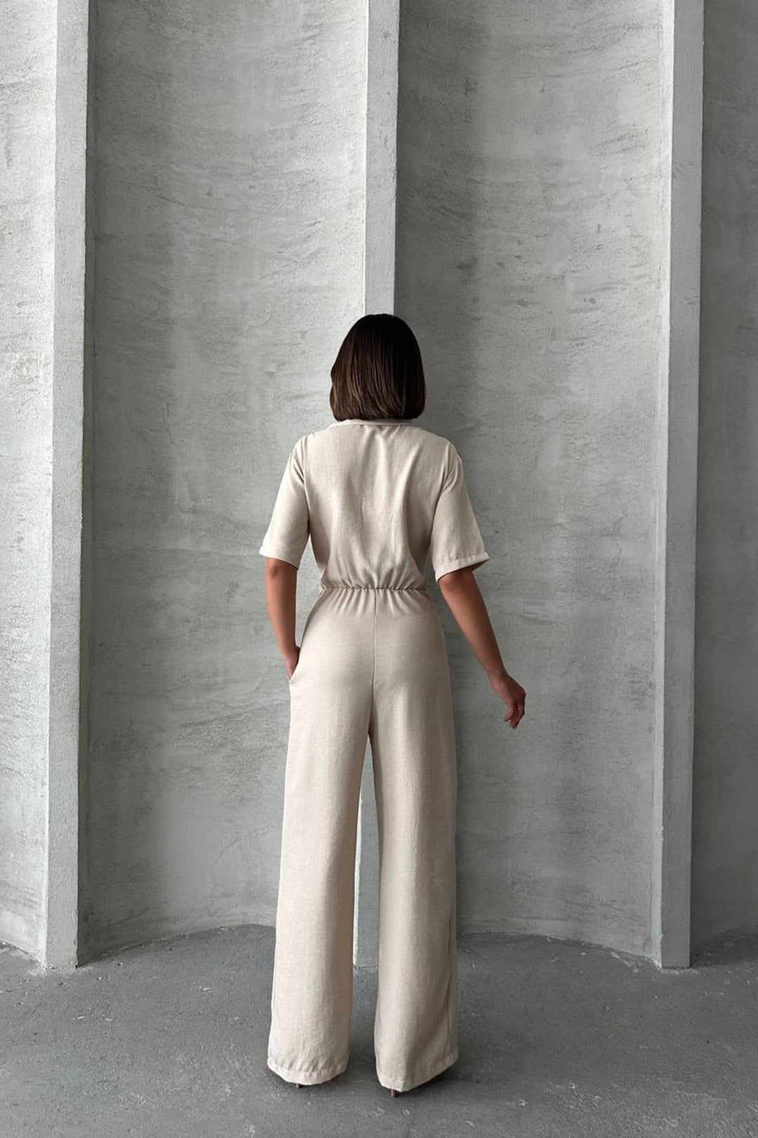 Beige Half Sleeve Waist Corset-Look Loose Fit Woven Jumpsuit BCHN-25255059 - Portici