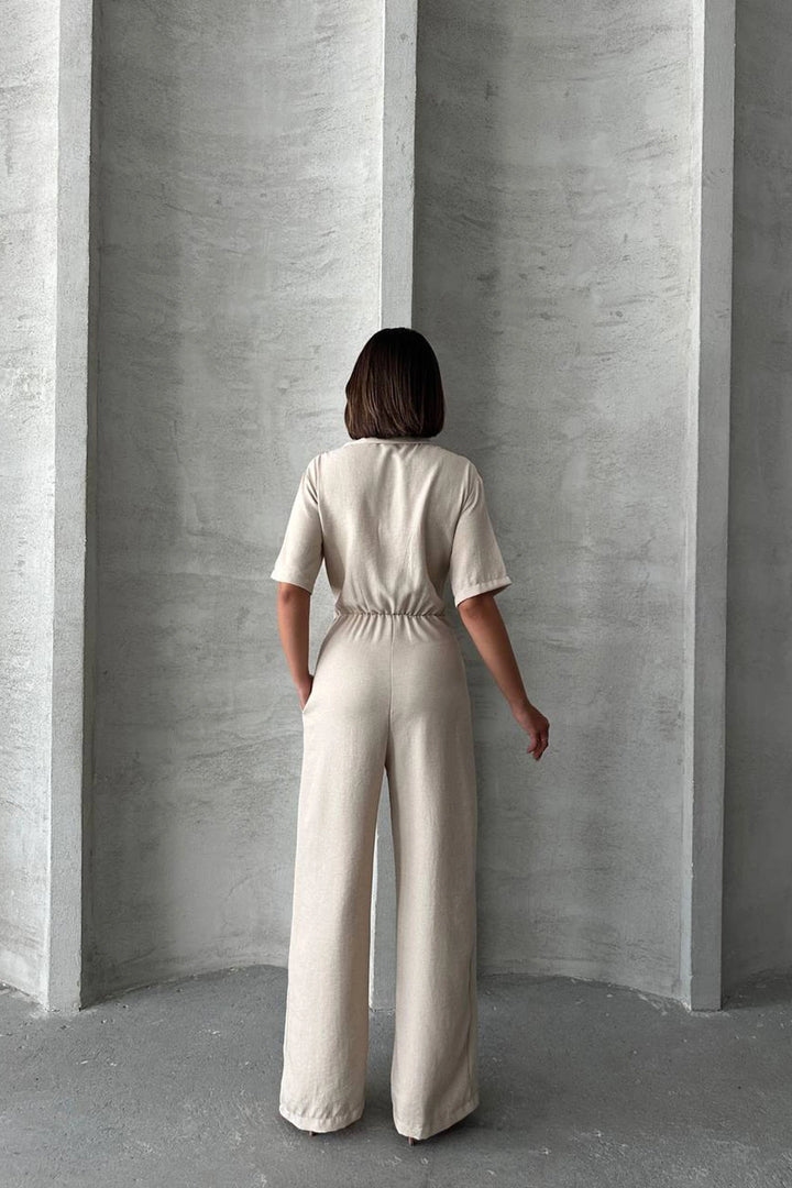 Beige Half Sleeve Waist Corset-Look Loose Fit Woven Jumpsuit BCHN-25255059 - Portici