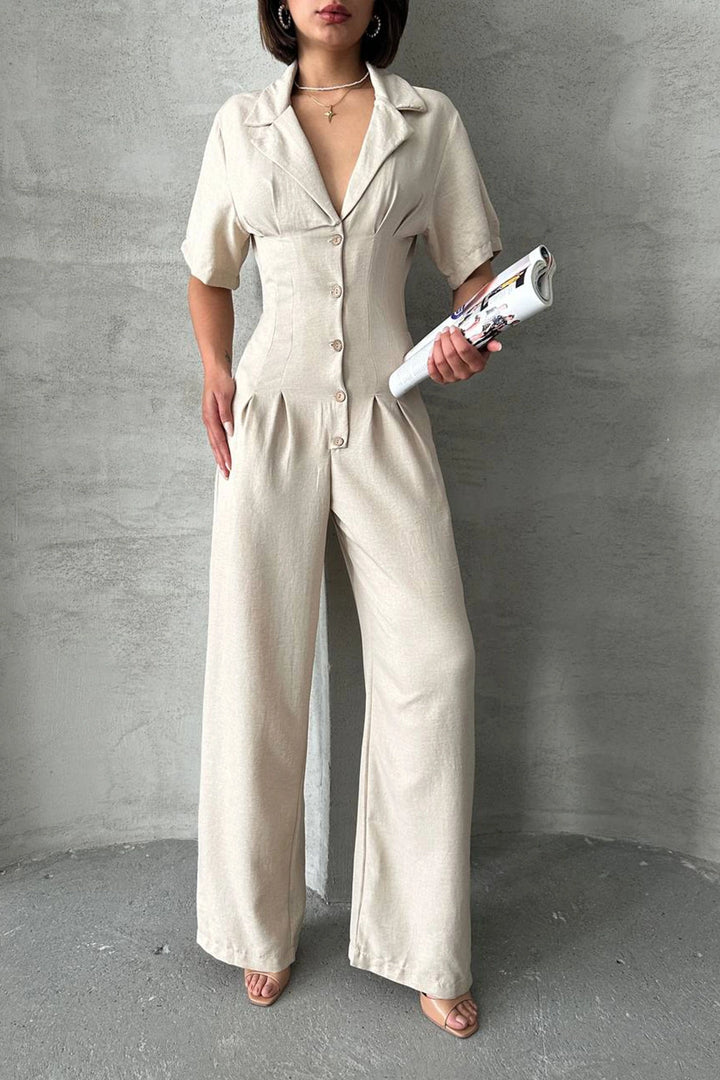 Beige Half Sleeve Waist Corset-Look Loose Fit Woven Jumpsuit BCHN-25255059 - Portici