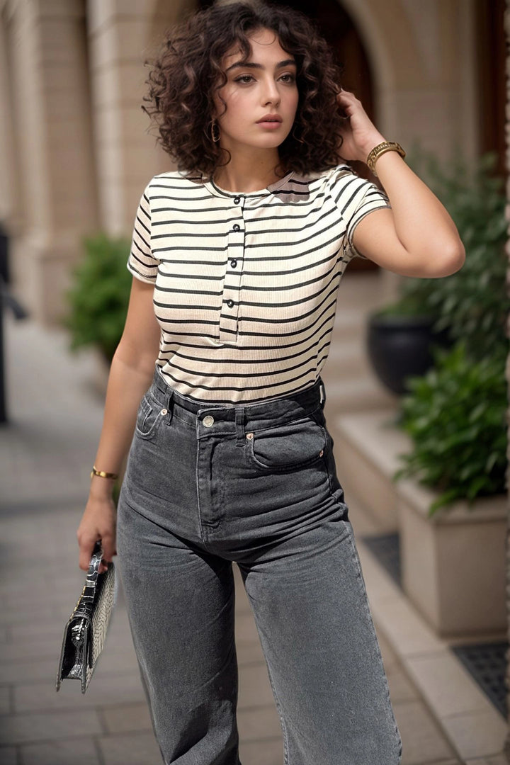 Beige Half Collar Patterned T-shirt BCBSK-25700-3597 - Rock Island