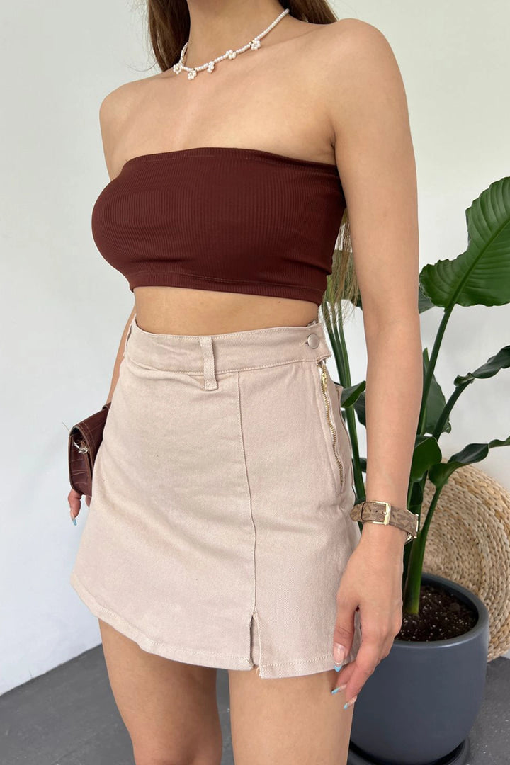 Beige Slit Detailed Denim Shorts Skirt BCDF-243309 - Néa Smýrni