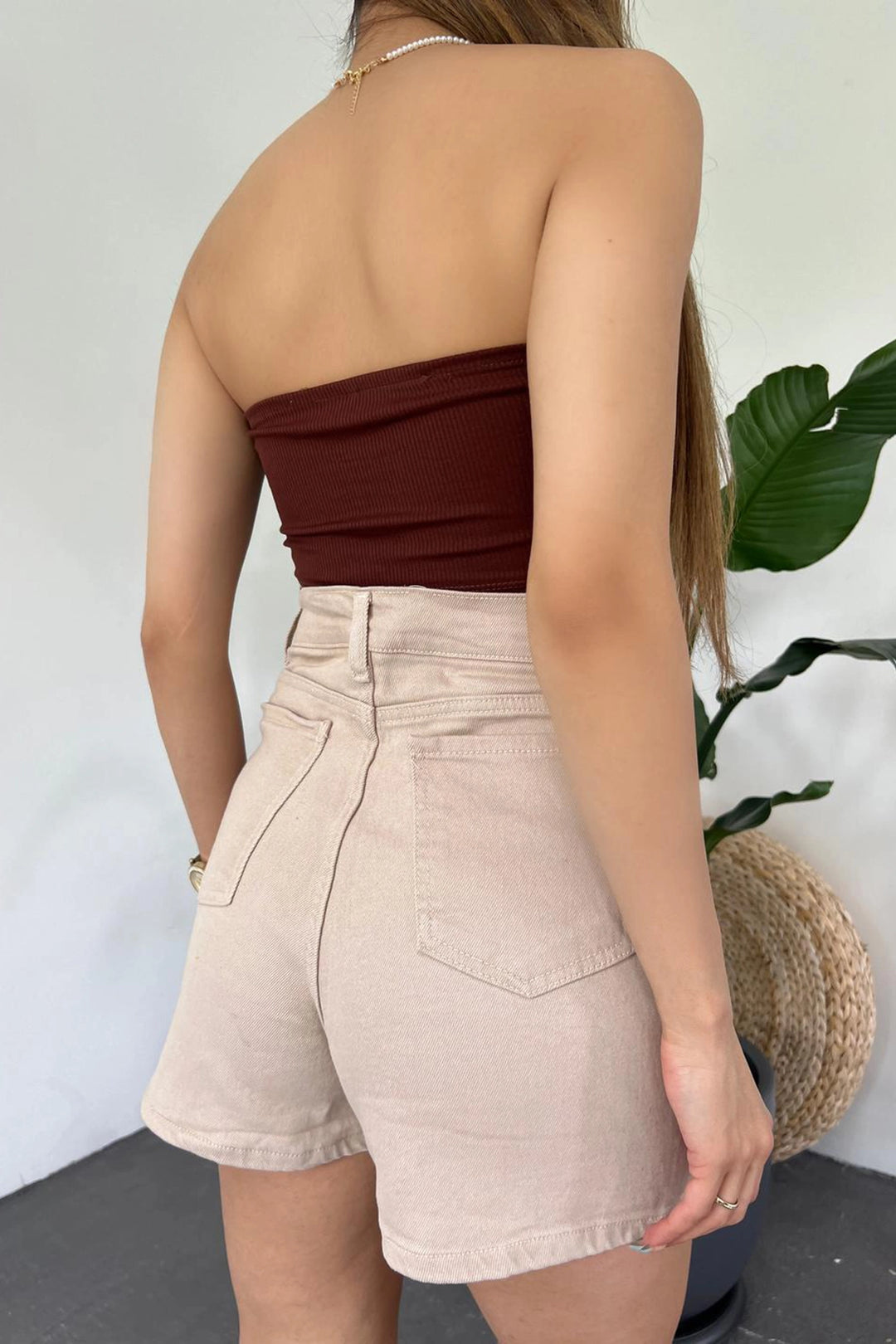 Beige Slit Detailed Denim Shorts Skirt BCDF-243309 - Néa Smýrni