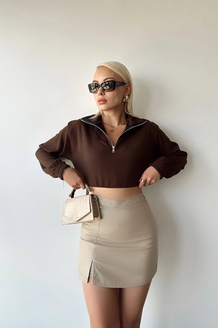 Beige Slit Detailed Leather Shorts Skirt BCDF-233401 - Hayward