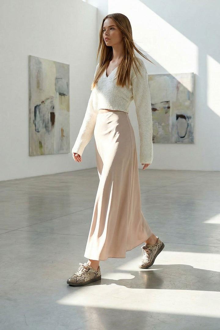 Beige High Waist Basic Satin Skirt BCHCA-251231 - Jackson