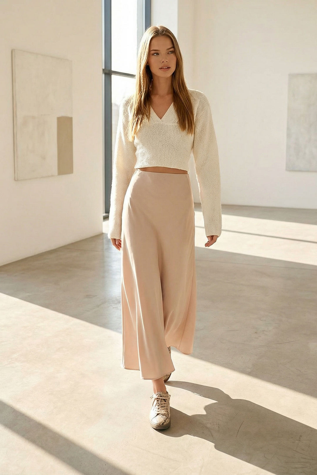 Beige High Waist Basic Satin Skirt BCHCA-251231 - Arden-Arcade
