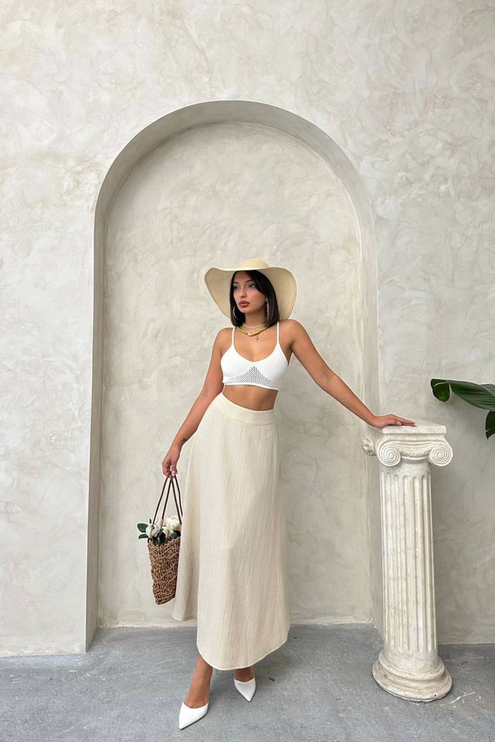 Beige High Waist Elastic Waist Midi Skirt BCHN-25255043 - Ponferrada